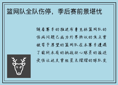 篮网队全队伤停，季后赛前景堪忧